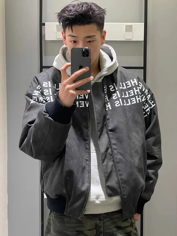 

Large Size 300 Pou Spring Autumn Letter Print Flight Jaet Men's American Retro Loose Outerwear Trendy Youth Sle