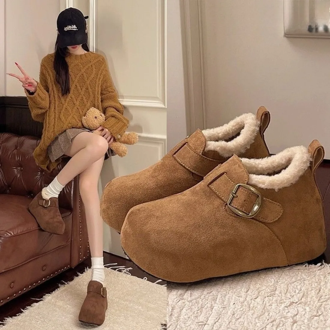 

Новые зимние женские хлопковые ботинки 2026 года с утолщенной и плюшевой подкладкой, удобные повседневные универсальные слипоны