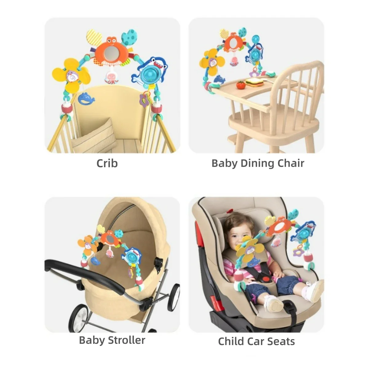 Cochecito de bebé de juguete, arco de abeja, campanilla, bouncer, asiento de coche de viaje infantil, accesorio de cuna Montessori, sonajero, actividad de cochecito móvil sensorial