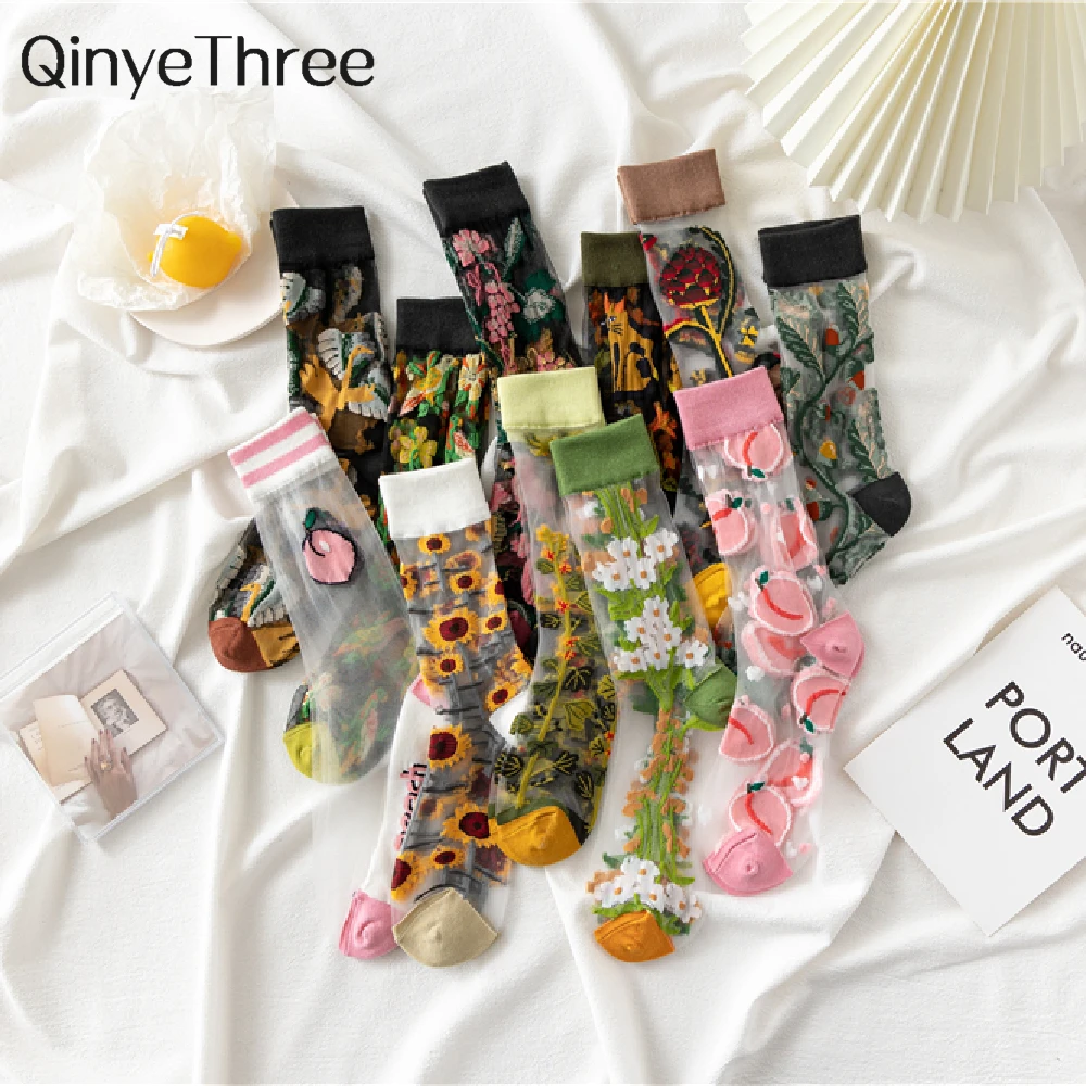 1 Paar Neuheit Harajuku Neue Kristall Seide Flut Socken Lustige Sonnenblumen Reben Blumen Pfirsich Vogel Katze Glückliche Frauen Casual Sokken