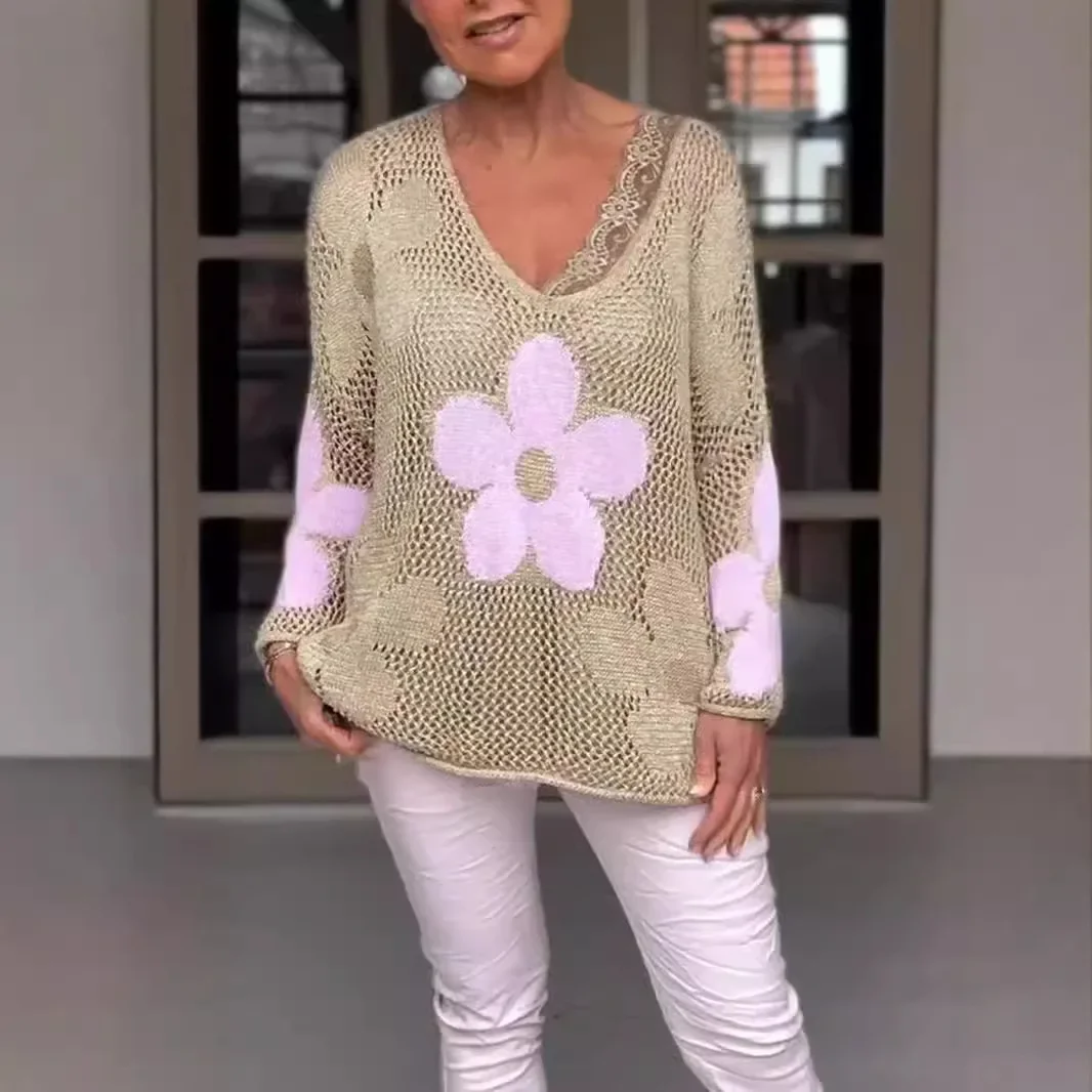 

Loose Flowers Knit Hollow-out Pullover, Women's Spring New V-neck Sexy Spice Girl Spell Color Long-sleeve Casual Mesh Knitwear