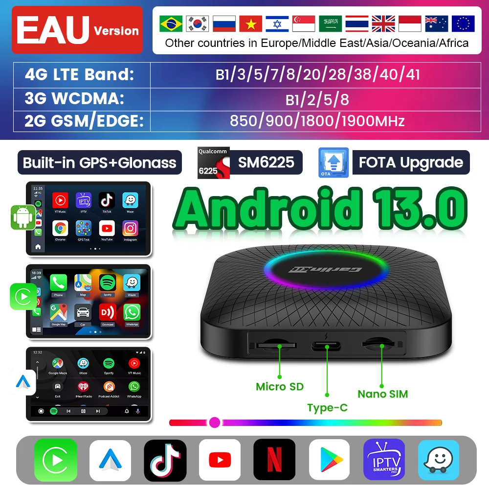 Carlinkit QCM6225 Ai Box, Android 13 LED, Sem fio, Auto & CarPlay