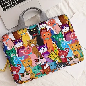 One Set, Two Styles, Colorful Cartoon Cats Pattern Printed Handheld Laptop Bag, Suitable for 14-inch Laptops