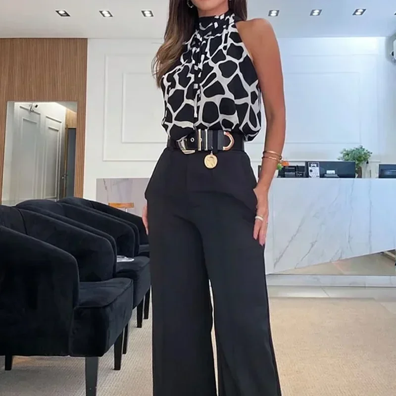 Halter Vest Top & Cuffed Pants Set Women Elegant Pant Sets Two Piece Suit Single Breasted High Waist Trousers Suits Pockets