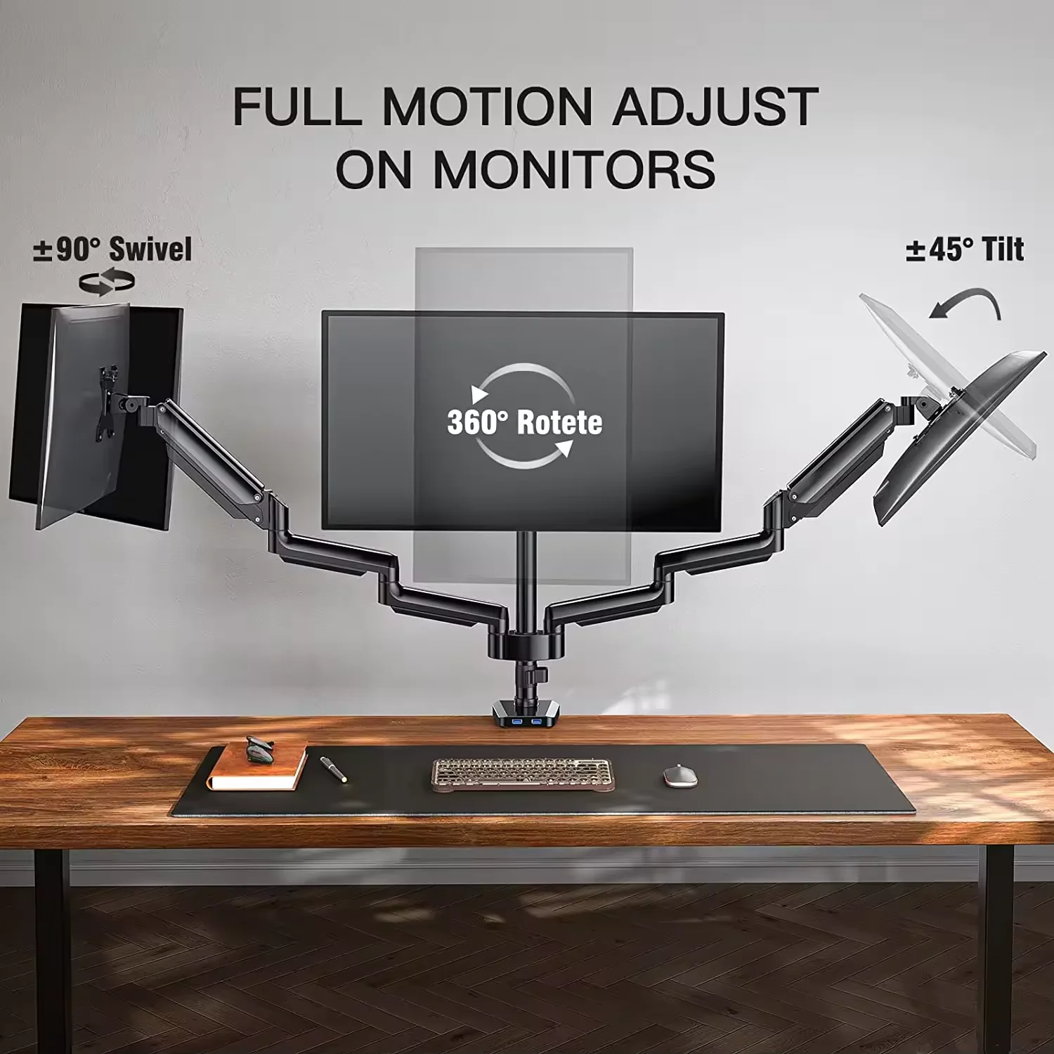 3 Monitor Desk Mount for Computer Screens Up To 27 Inch, Triple Monitor Arm with Gas Spring, Heavy Duty Monitor Stand