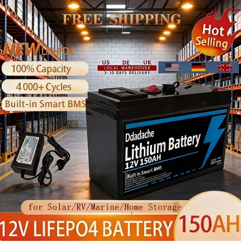 12V 150Ah LiFePO4 Lithium-Batterie mit integriertem BMS, 4000+ Tiefentladungen, Polen-Lager, für Solarpanel, USV, Kajak, Fischfinder, Radio