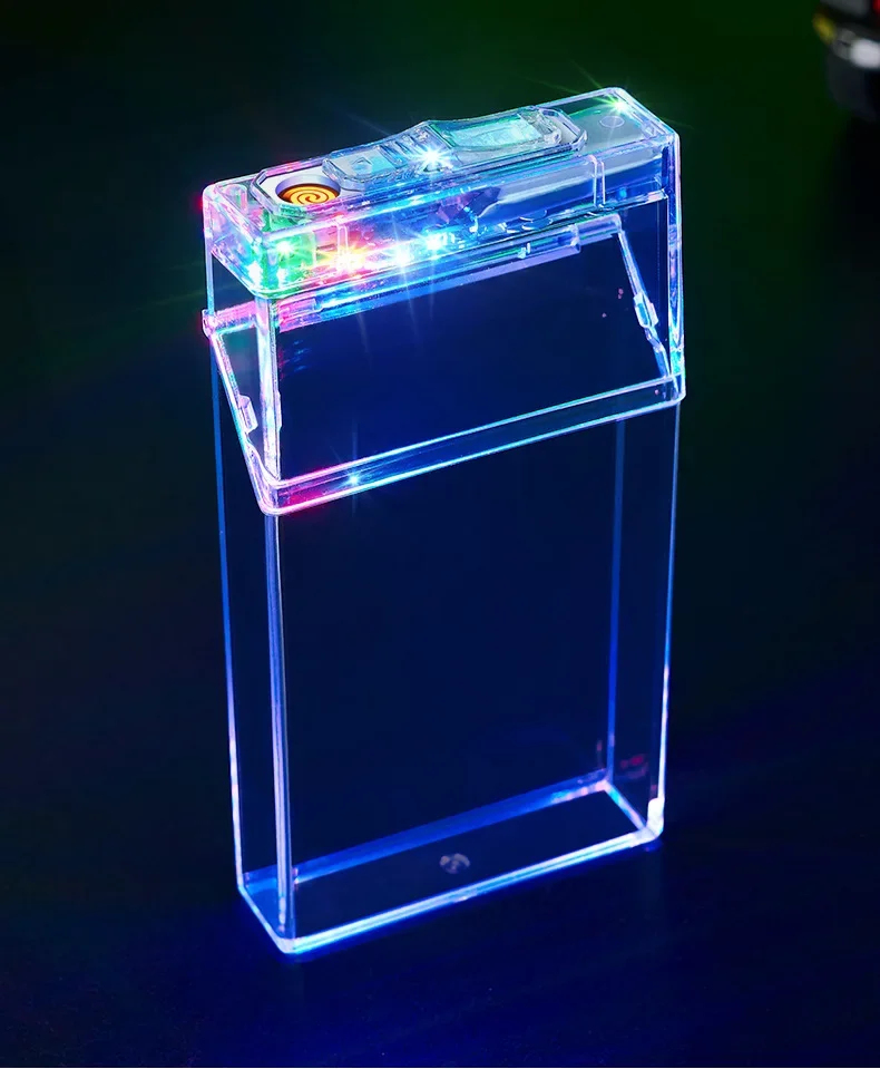 Transparent Colorful Light Cigarette Case Lighter USB Cigarette Lighter 20 Pack Slim Cigarette Case Sealed and Moisture-proof