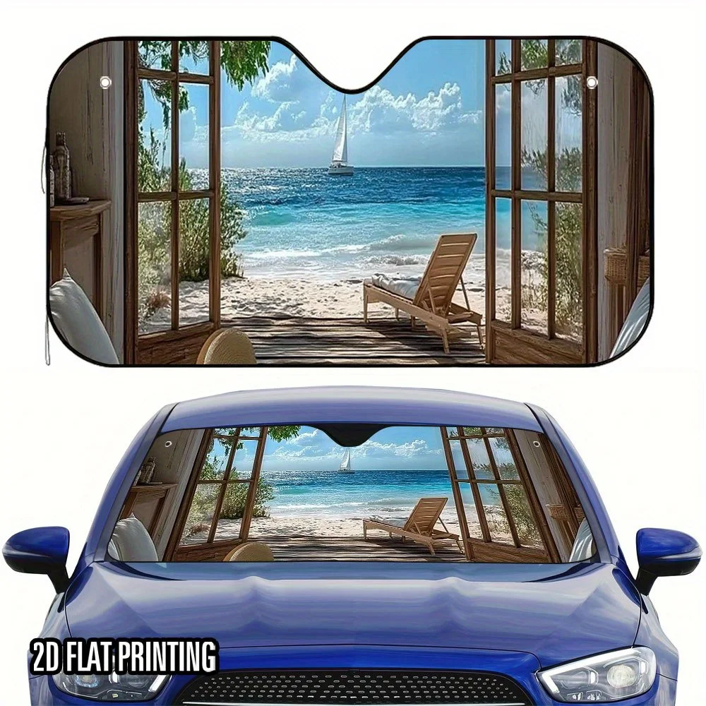 1pc 2D Flat Seaside Leisure Scenery Print Car Sunshade Stylish Design, Keeps Your Vehicle Cool, Includes 4 Suction Cups