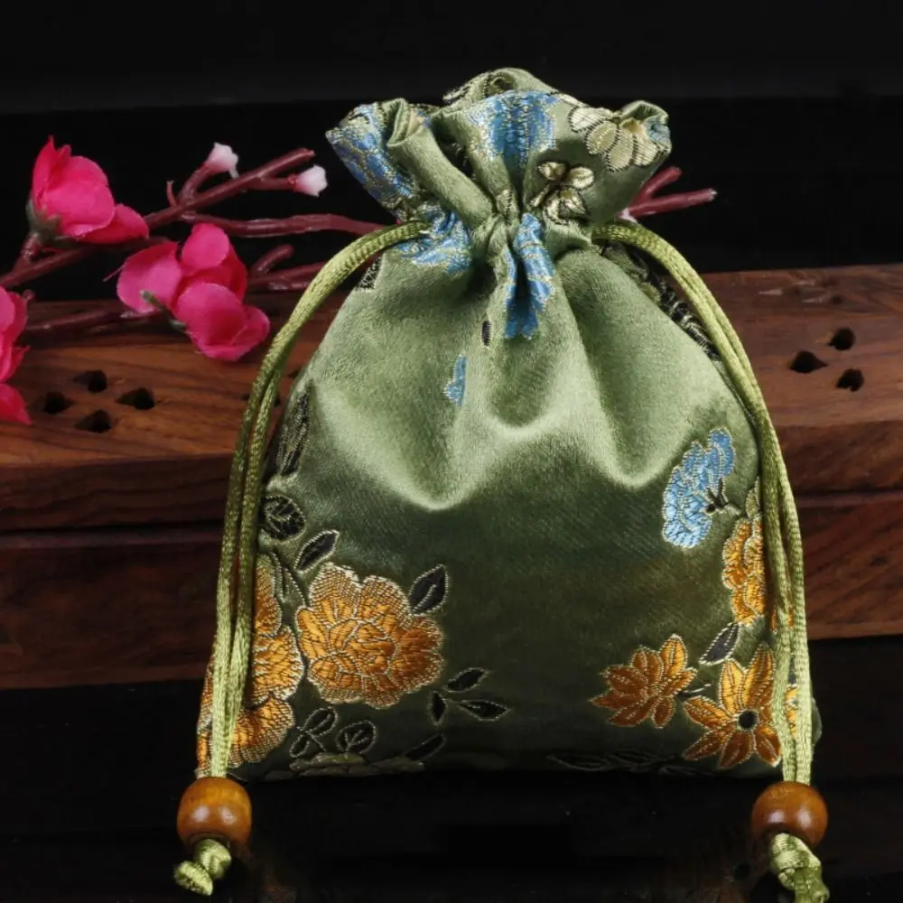 Floral Embroidery Flower Drawstring Bag Chinese Style Coin Purse Jewelry Packing Bag Bucket Bag Storage Bag