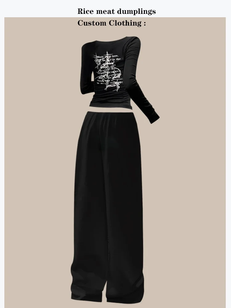 

Fall Winter American Cool Girl Slimming Inner Wear Loose Black Straight Leg Pants Two Piece Set Short Sleeve round Neck T-Shirt