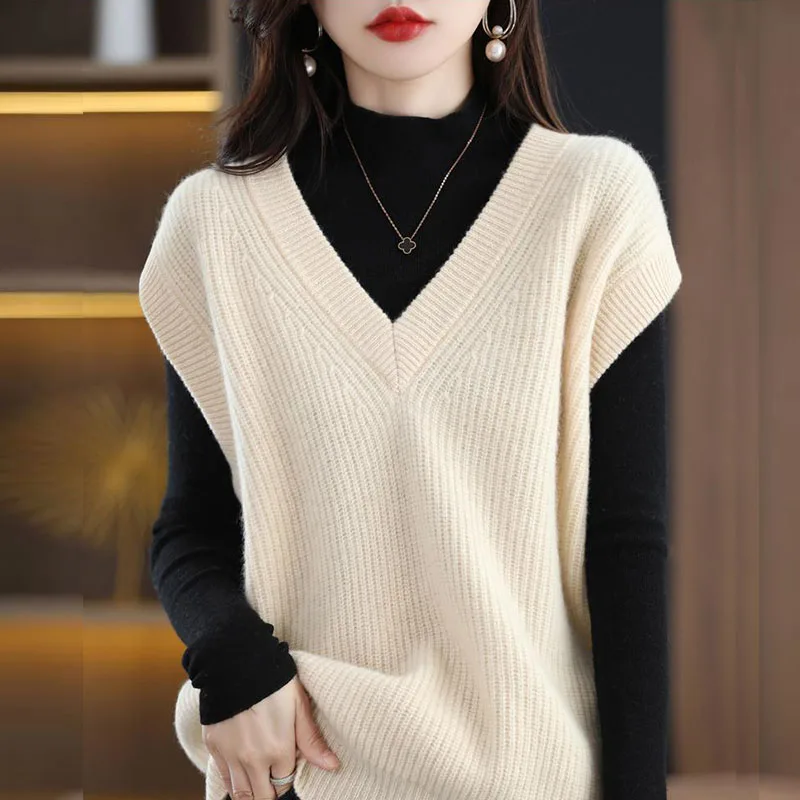 Knitted Jacket Sweater Women\'s Vest Sleeveless Coat Wool Blended V-Neck Pullover Spring Autumn Fashion Women\'s Top