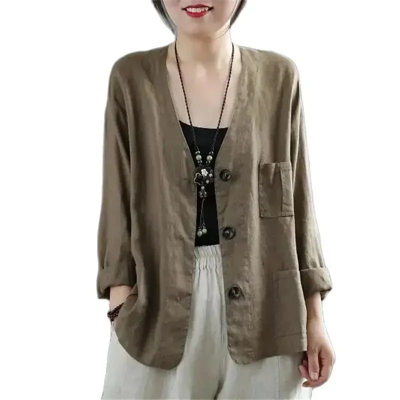 Cotton And Linen Jacket For Women Solid Thin Sun Protection Jacket Chinese Style Literary V-Neck Long Sleeved Cardigan Top E5171