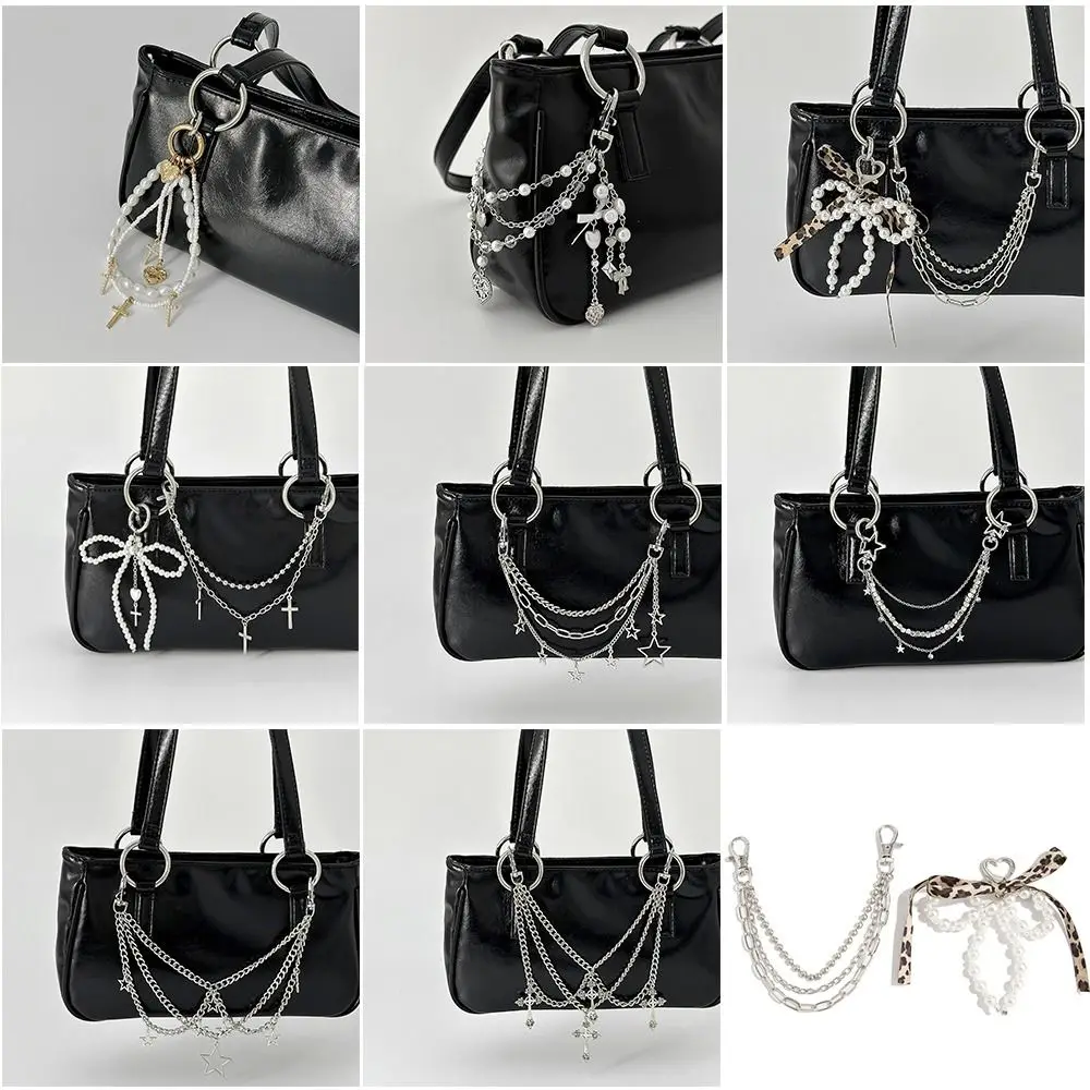 Y2k نمط متعدد الطبقات حقيبة سلسلة نجمة اللؤلؤ حقيبة يد معدنية سحر DIY حقيبة الملحقات الاكريليك مطرز المفاتيح