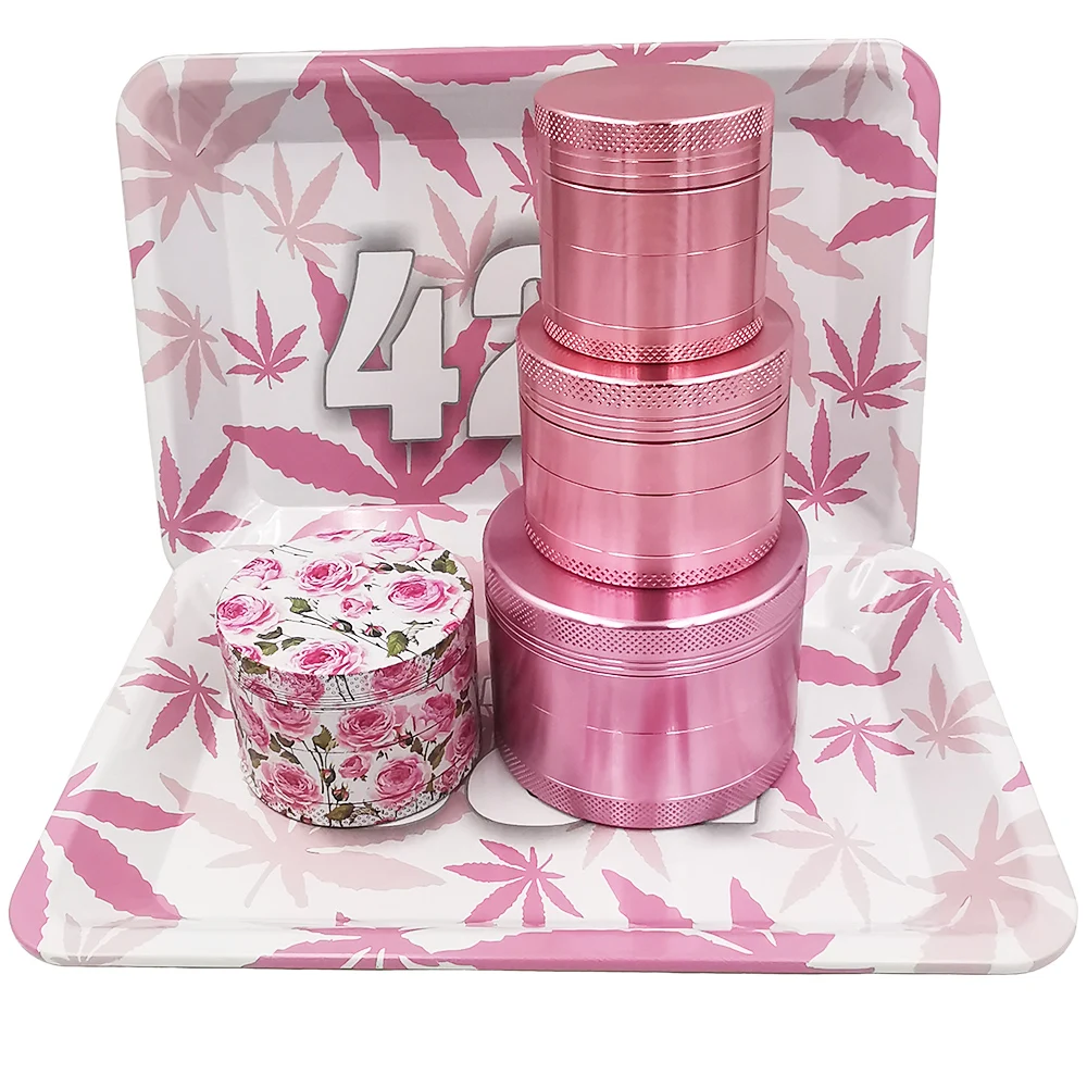 Pink Set Rolling Tray Plate 40MM 50MM 63MM Aluminum Alloy Smoke Grinder 4 Layers Metal Silicone Ashtray Tobacco Grinder