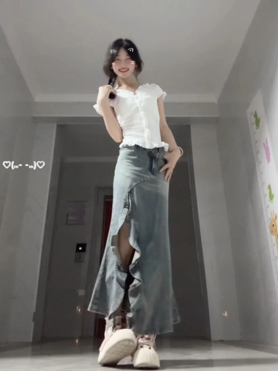Retro Asymmetrical Design Denim Half Skirt Women's Summer New Wave Split High Waist Slimming Fish Tail Skirt A-Line Midi Skirt