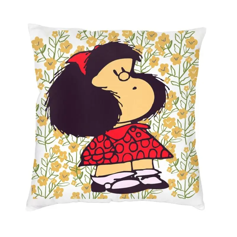 Mafalda And Flowers Cushion Cover Two Side Printing Argentina Manga Quino Cartoon Floor Pillow Case Pillowcase Home Decoration