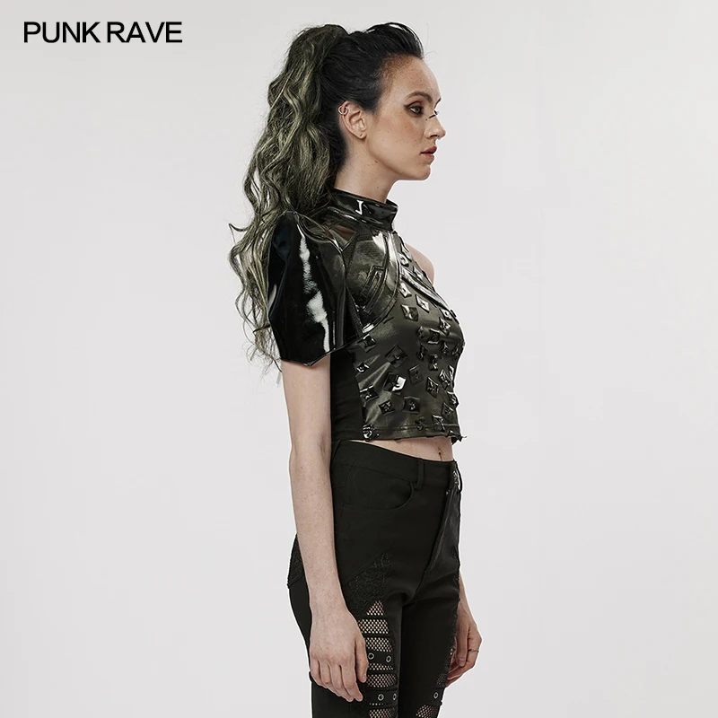 PUNK RAVE Gothic Apocalyptic women's One-arm Long sleeve Rivet Short Sexy Jacket Soldier Black Cosplay Clothing WY1444