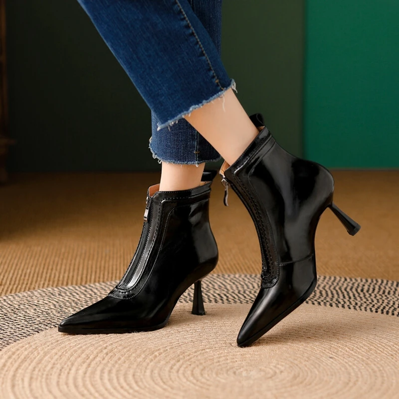 NEW Fall Shoes Women Pointed Toe High Heel Shoes Split Leather Shoes Thin Heel Ankle Boots Women Sexy Mature Zipper Modern Boots