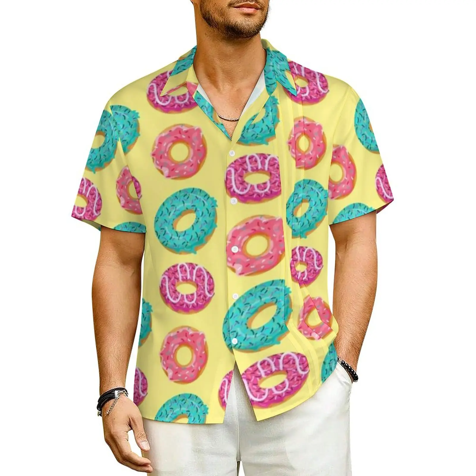 

Sprinkled Doughnut Vacation Shirt Mens Colorful Cartoon Food Trendy Casual Shirts Hawaiian Short Sleeve Design Oversize Blouses