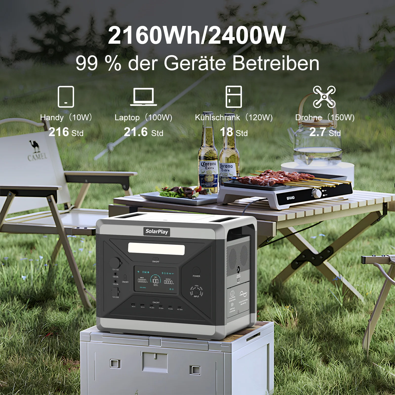 Central eléctrica portátil SOLAR PLAY de 2160Wh con batería LiFePO4, generador solar de 2400W (4800W de pico) para energía de emergencia en el hogar, camping y fiestas en el jardín.