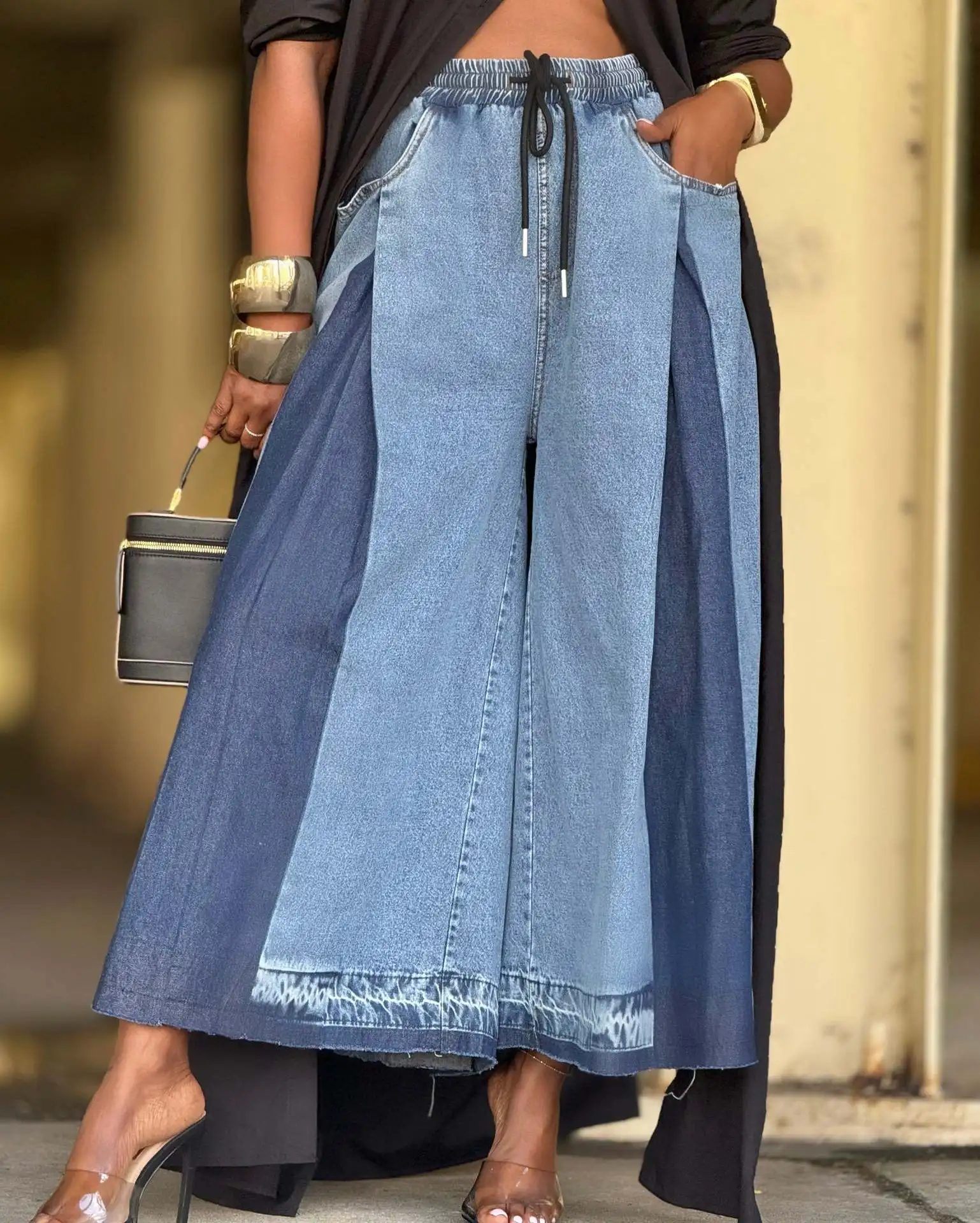 デニム レディース スプライスジーンズ ワイドレッグパンツ パッチワーク フルレングス ドローストリングウエスト ルーズ Y2K ストリートウェア カジュアル 2025 春秋