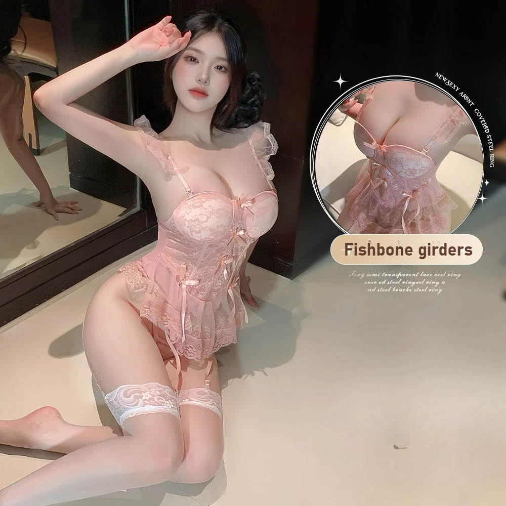 

French Lace Ballet Lingerie Set - Sheer Mesh Corset Bustier with Underbust Garter | Push-Up Bustier for Small Chest