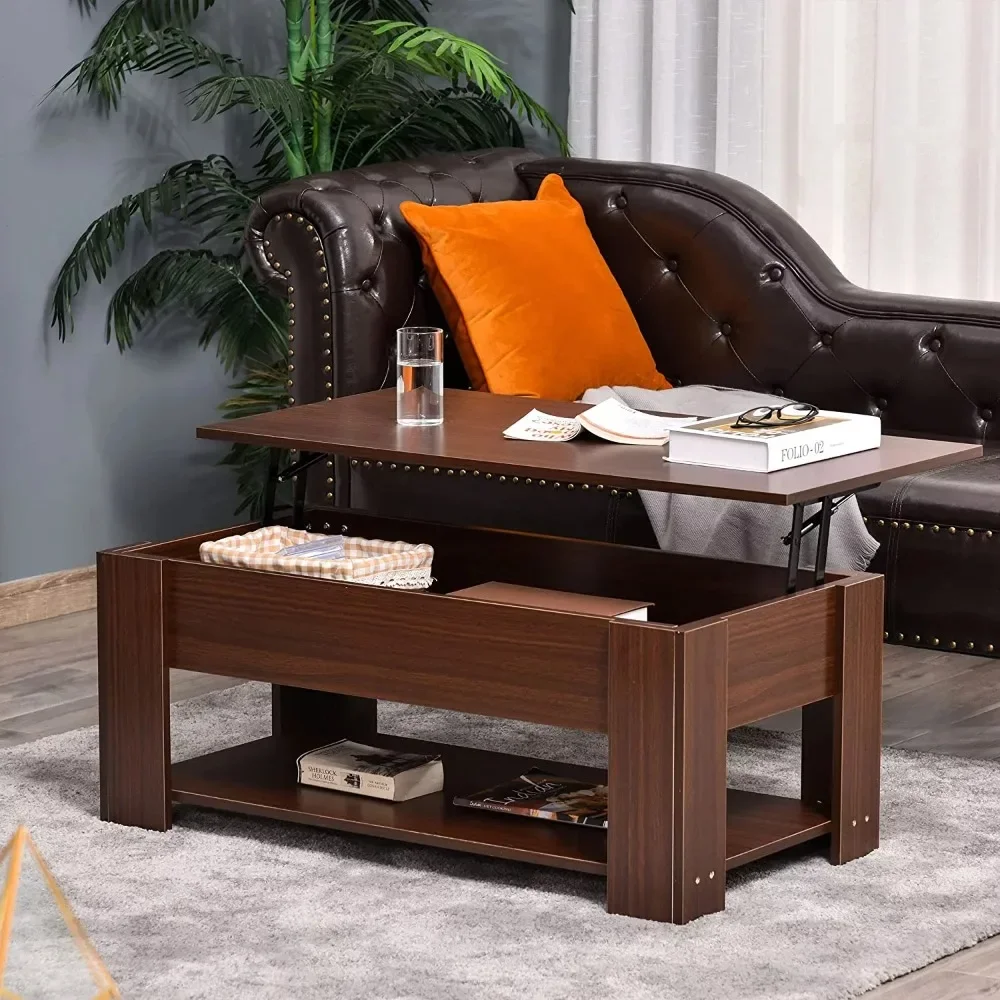 Lift Top Coffee Table with Hidden Storage Compartment and Open Shelf, Pop Up Coffee Table for Living Room, Brown