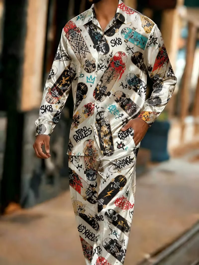 New Silver Grey Dark Rose Skull Printed Long Sleeve Set High Street Trendy Cool Men's Shirt Long Pants Two Piece Set view 2
