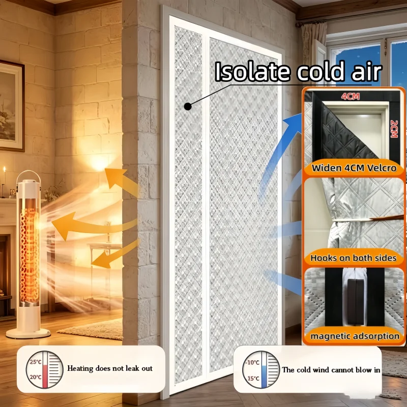 White magnetic winter left opening thick door curtain, no need for drilling, warm, windproof, sunshade partition curtain