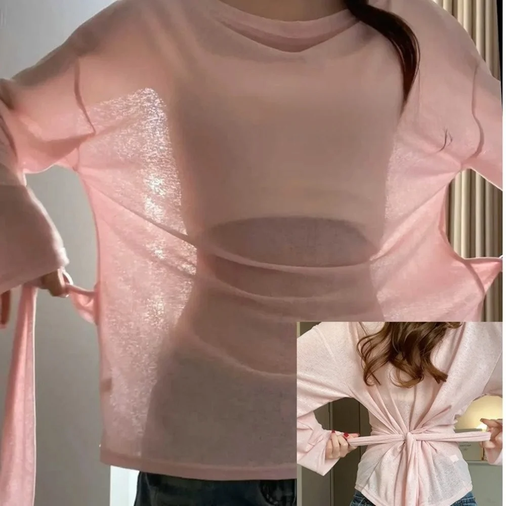 Koreanischer Stil, transparentes Langarm-T-Shirt, schulterfrei, locker geschnittenes, durchsichtiges Oberteil, hinten gebunden, Oversize-T-Shirt, lässig für den Alltag. – Detail 7