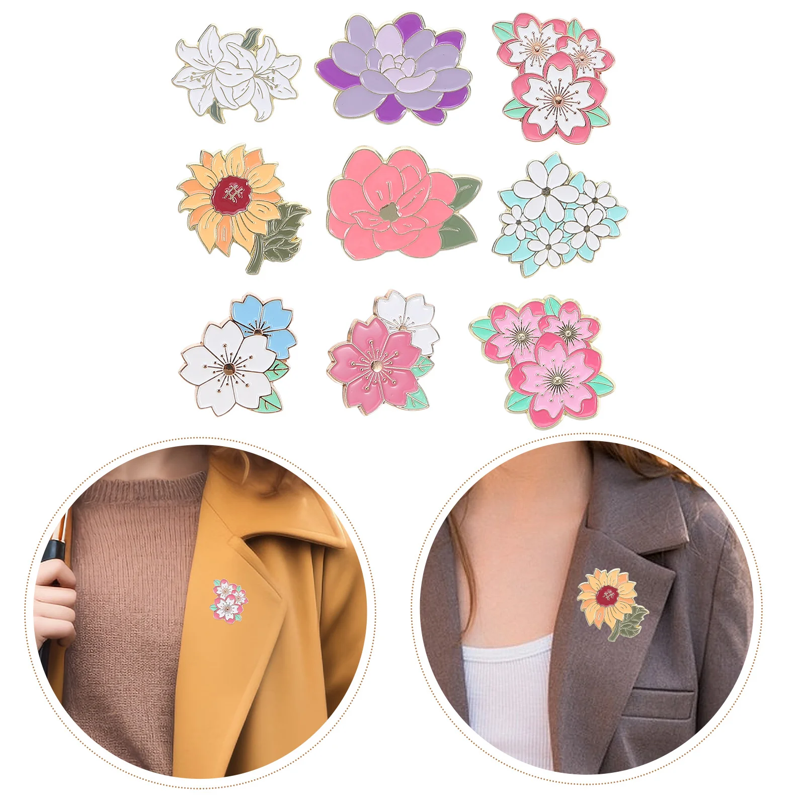 

9Pcs Metal Enamel Badges Cute Floral Brooch Pins Cartoon Decorative Accessories for Women Men DIY Clothing Bags