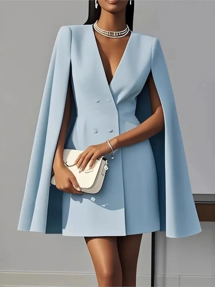 Elegant Double-breasted Shawl Cape Solid Color Suit Dress For Women In Autumn Fashion Black Deep V Neck Mini Dresses Robe Femme