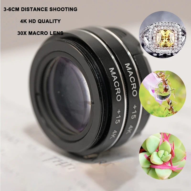 37MM 30X Macro Lens 4K HD Professional Photography Phone Camera Lens Eyelashes Diamond Jewelry Macro Lens for Smartphone