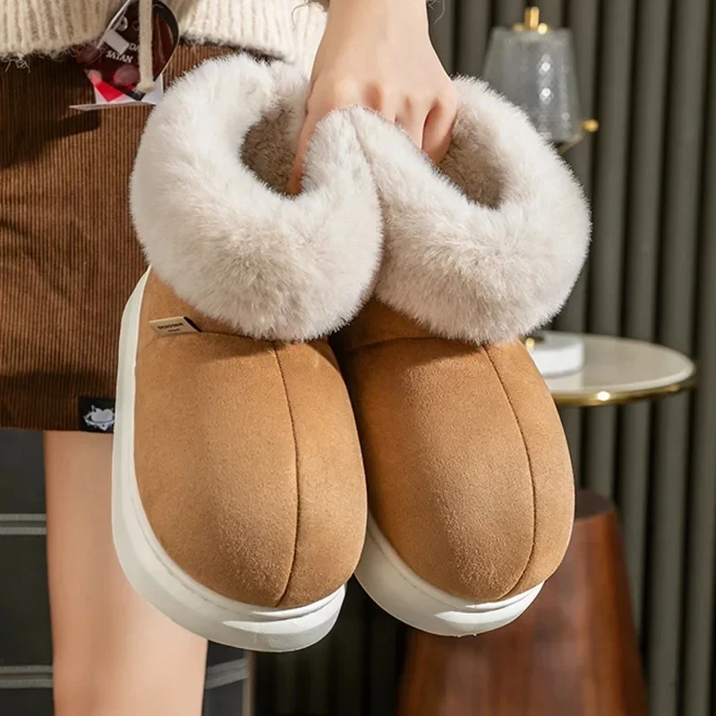 Shevalues Women Warm Fluffy Fur Home Slipper Outdoor Antiskid Cotton Shoes Winter Plush Fur Slippers For Women Fashion Snow Boot