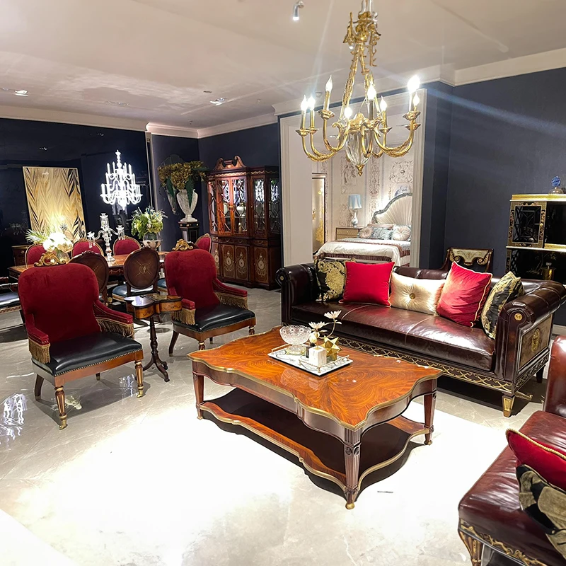 ! Luxuriöses Britisches Klassisches Wohnzimmer-Möbelset Massiver Mahagoni-Holzrahmen Vintage Leder Antikes Britisches Sofa