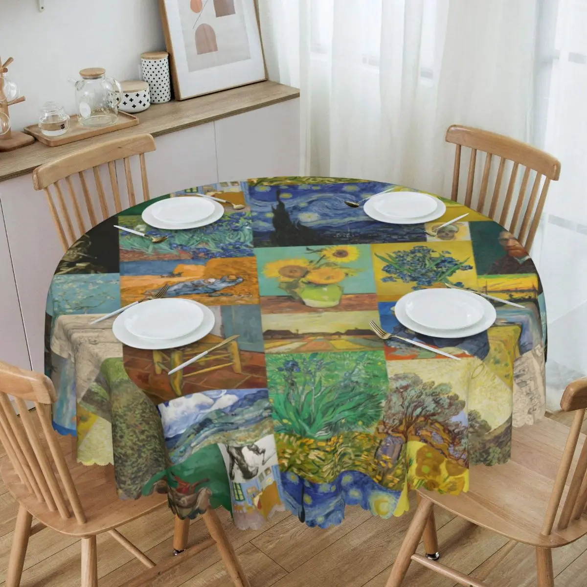 

Customized Round Vincent Van Gogh Painting Collage Table Cloth Oilproof Tablecloth 60 inches Table Cover for Kitchen Dinning