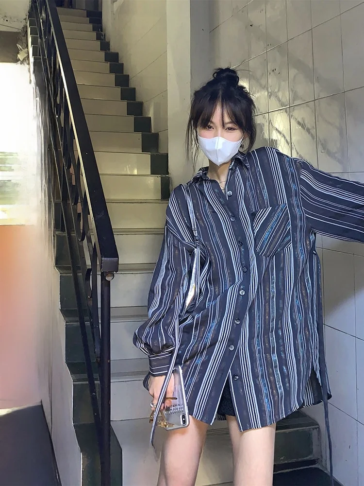 

iny Stripe Bal irt Gem Commute Sle Collar Button up Long Sve Mid-Length Women's Faion Spring
