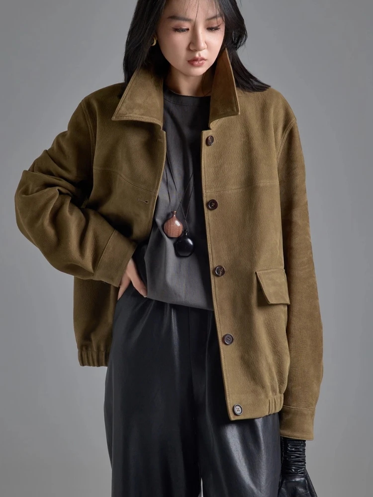 سترة كلاسيكية من الجلد الطبيعي للنساء لخريف وشتاء الراقية بسيطة واحدة الصدر من جلد الماعز الحقيقي