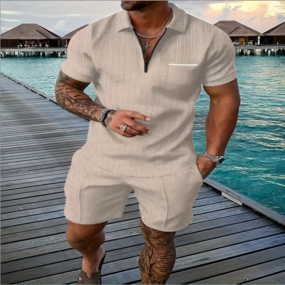 Men's summer casual sportswear set POLO shirt short sleeve and drawstring pocket shorts