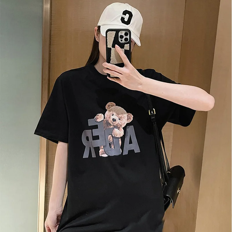 2024 New Summer Women\'s Cartoon Bear Print Loose Oversized Casual Round Neck Short Sleeved T-shirt Top