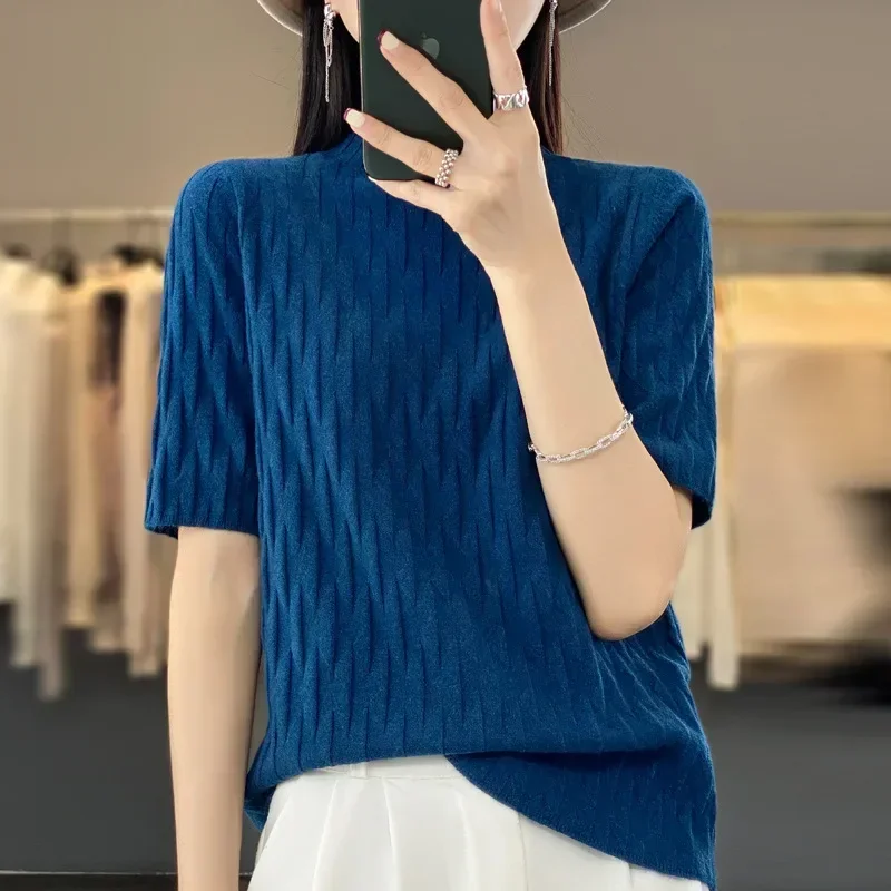 Women's 2024 New Half High Collar Knitted T-shirts Mid-Sleeve Sweaters Bottom Shirt Knit T Shirt