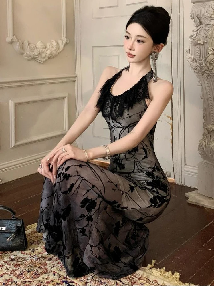 Retro Elegantชุดราตรียาวเสื้อผ้าผู้หญิงหวานHoliday Sheerลูกไม้สีดําRuffles Halter Backless Robe Party Prom Vestidos