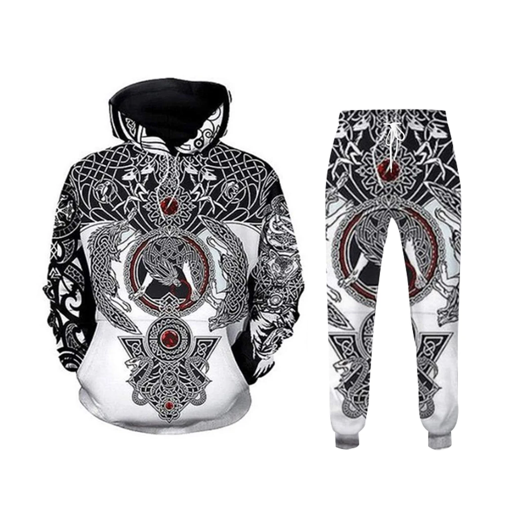 Men\'s Hoodies Set Vintage 3D Demon Print 2-Piece Hooded Sweat pants for Men Fall Casual Street Vintage Men\'s Fashion Sweatshirt