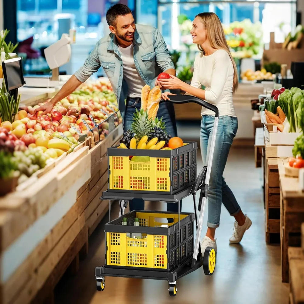 عربة تسوق قابلة للتوسيع، عربة أدوات ذات سعة 200 رطل مع صناديق تخزين مزدوجة، مقبض قابل لضبط الارتفاع للبقالة #2