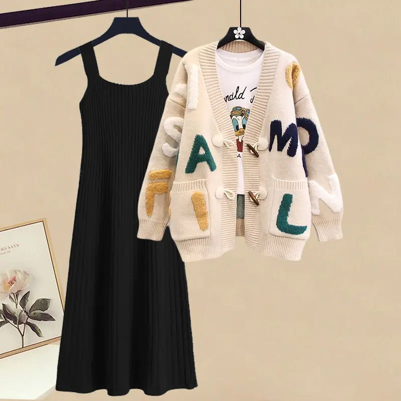 Fashion Autumn and Winter Women's Set 2023 New Loose Knitted Cardigan Slim and Versatile Two Piece Hanging Dress Set