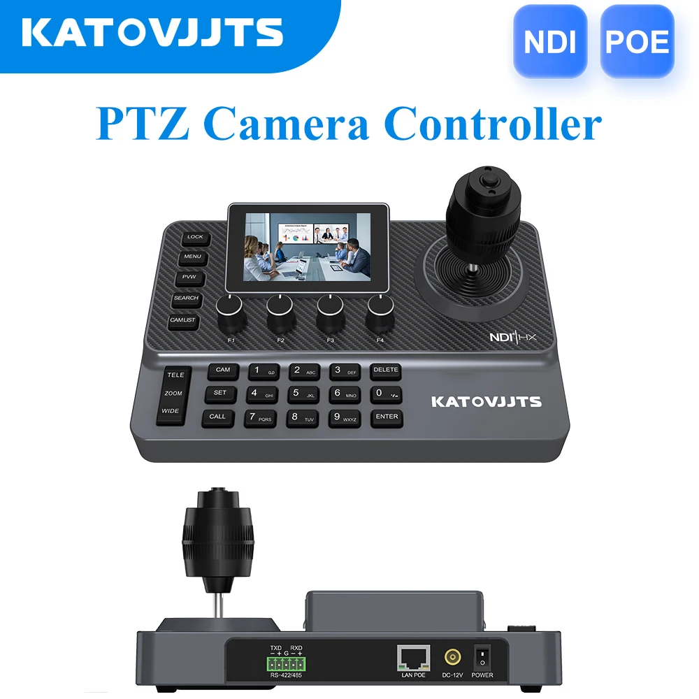 KATOVJJTS NDI 4D Joystick Keyboard PTZ Camera Controller With 3-inch Display Screen Support POE For Live Church Meeting Keyboard
