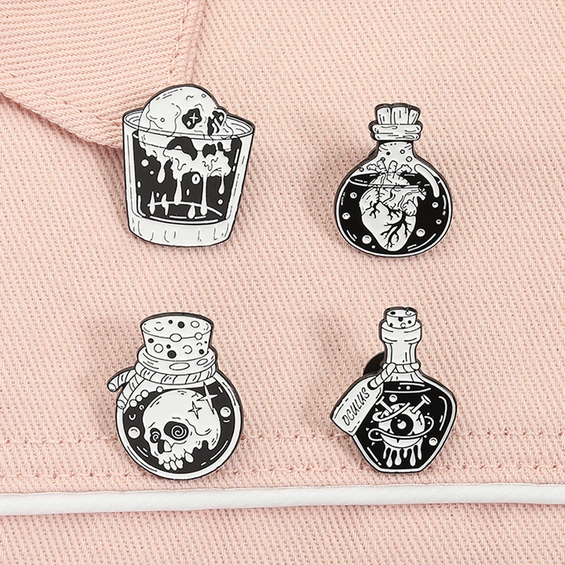 Alfinetes esmaltados de uísque de caveira de Halloween, garrafas punk góticas com poções de caveira, broches de lapela, joias, presentes para amigos