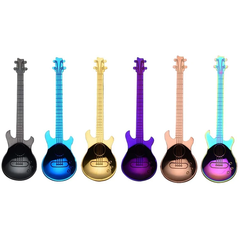 A50I Guitar Coffee Spoons 6-Pack Creative Cute Spoons Stainless Steel Teaspoons Guitar Shaped (Multi-Color)