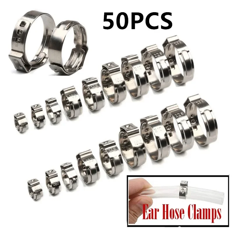 50pcs Hose Clamps Single Ear Stepless 5.8-23.5mm 304 Stainless Steel Hose Clamps Cinch Clamp Rings for Sealing Kinds of Hose