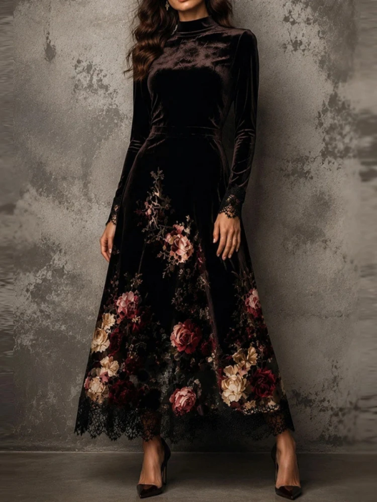 Damen Samt-Maxikleid mit hohem Kragen, langen Ärmeln, Spitzenbesatz, Blumenmuster, A-Linie, Abendkleid, elegantes formelles Cocktailkleid